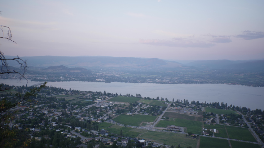 View of West Kelowna and Okanagan Lake from Mount Boucherie at sunset