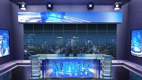 3d virtual news studio. Announcer Table with night city background and floodlights
