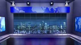 3d virtual news studio with night city background and floodlights Loop