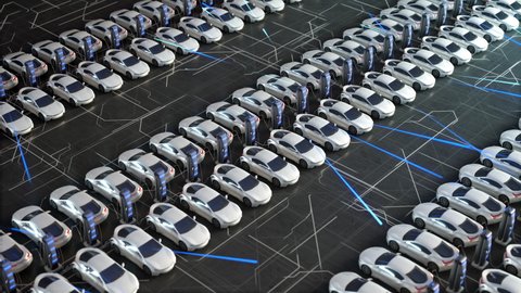 Parking lot with electric charging stations for electric vehicles. Aerial view of new electric self driving cars on car on a huge car dealership parking lot.