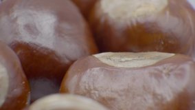 Macro detail chestnuts from horse chestnuts spin on rotating disc. Real time 4K