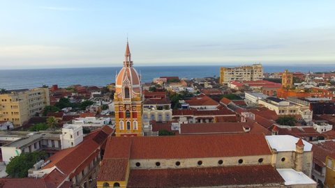 Aerial view of historical buildings in the Old Town of Cartagena at sunset, Cartagena de Indias, Bolivar Department, Colombia. 