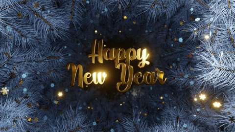 New year and Christmas 2023, 2022. Mobile gold inscription HAPPY NEW YEAR on the background of Christmas tree branches with gold and white snowflakes. 4K 3D loop animation