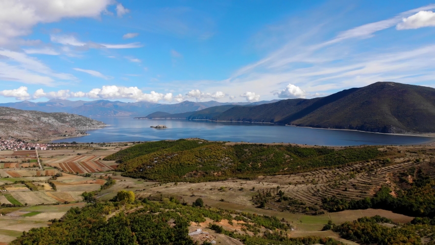 Mountain lake of Prespa surrounded by beautiful countryside panorama and villages
