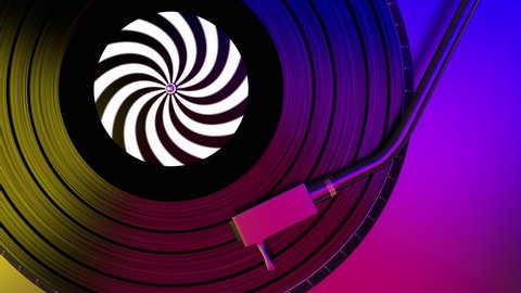 3d animation of a vinyl turntable view top rotating with blue, violet and yellow colors. Vinyl records spinning and dj plays classic disco music soundtrack of 80s 90s in the night club, loopable.
