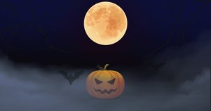 4k Animation of Halloween Background with Pumpkin and flying Bats. Scary Halloween Night of Horror, Dark Blue Night, Horror scene, Halloween decoration. Full Moon. - Powered by Shutterstock - Get 15% off with code: PIKWIZARD15
