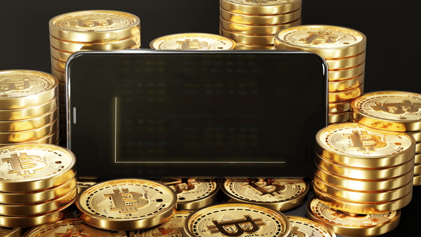 Phone on Bitcoin Crypto currency Gold Bitcoin BTC Bit Coin close up of Bitcoin coins on black background. phone screen Stock markets uptrend dynamic chart on dynamic green background. 3d rendering Royalty-Free Stock Footage #1061322658
