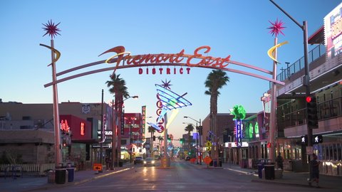 LAS VEGAS, NEVADA - MAY 13, 2019: Fremont East District of Las Vegas at dawn. It is among the most famous streets in the Las Vegas Valley.