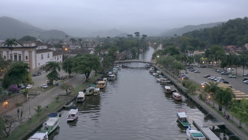 sunrise on the waterway in the city of Paraty, Rio de Janeiro, Brazil, moving forward