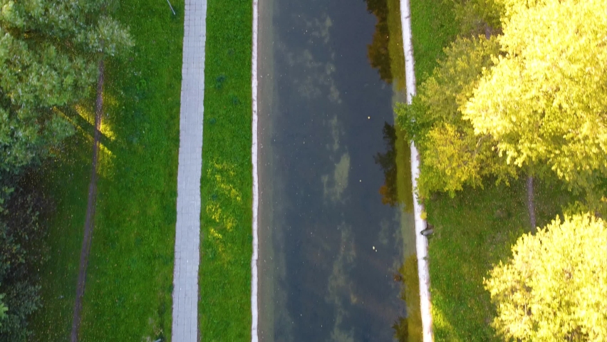 Smooth flight over a canal pond in a sunny autumn park