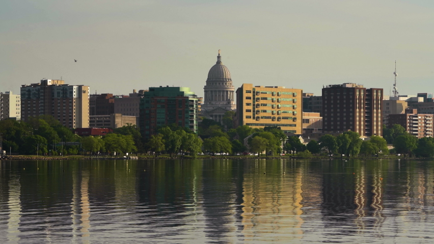 Madison, Wisconsin, USA downtown skyline on Lake Monona.