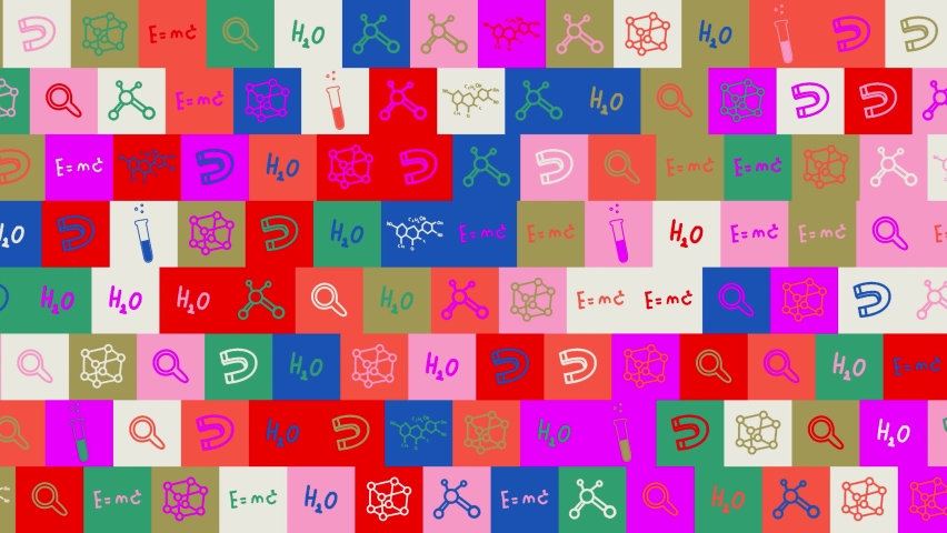 National Science Day icon background. seamless pattern. loop mosaic animation. banner or backdrop with multicolored, flashing icons, logos or illustrations.