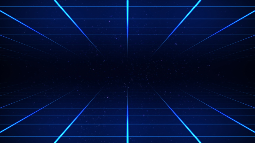 Abstract sci-fi grid or wireframe net footage. Dynamic blinking and moving stars on the background. Bright glowing neon lights. Hight technology. Blue colors. Space. Retro wave synthwave 4K animation Royalty-Free Stock Footage #1061332963