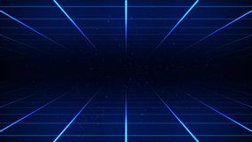 Abstract sci-fi grid or wireframe net footage. Dynamic blinking and moving stars on the background. Bright glowing neon lights. Hight technology. Blue colors. Space. Retro wave synthwave 4K animation