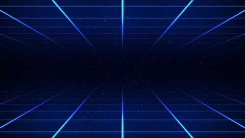 Abstract sci-fi grid or wireframe net footage. Dynamic blinking and moving stars on the background. Bright glowing neon lights. Hight technology. Blue colors. Space. Retro wave synthwave 4K animation