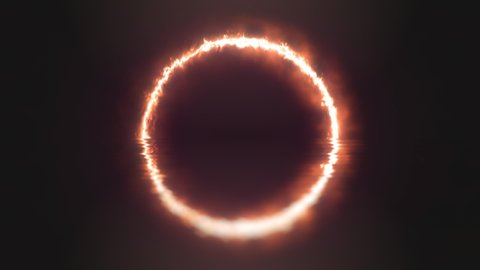 Abstract animation of bright glowing fire circle or ring. Light reflections on the water surface. Smoke in the air. Vibrant colors. Dynamic 4K footage. 