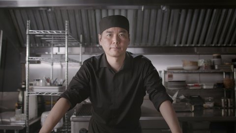 Japanese Chef and small business owner. Professional sushi chef portrait. Shot in 4k. 