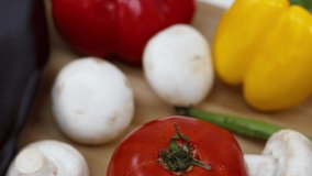 Close up view of fresh vegetables on kitchen table.