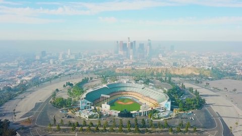 Los Angeles, California - 22 September 2019: A bright but hazy morning over Dodger Stadium in Los Angeles