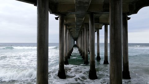Huntington Beach California Drone Slow Motion Waves Under Pier 4k