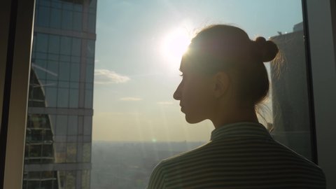 Success, opportunity, sightseeing, discover and future concept. Back view of pensive woman silhouette looking at cityscape through window of skyscraper. Summer time, sun lens flare, daylight