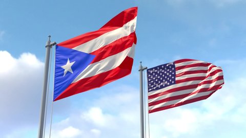 Puerto Rico and USA Flags on a flagpole realistic wave on wind. The Commonwealth of Puerto Rico and The United States of America. Bismarck. Luma Mattes for background cutting