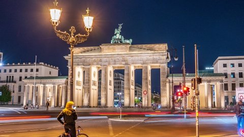 Night Hyperlapse ,Cars Passing By The Brandenburger Tor At Berlin Distric Mitte.