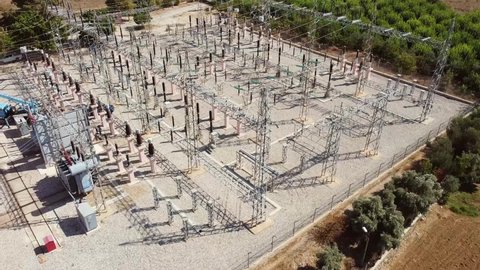 Transformer electrical power plant aerial view footage