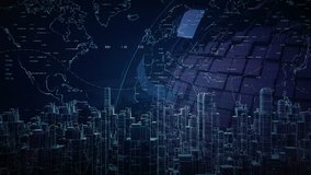 World map and City HUD.Technological Globe World map and 2D graphic digital elements and 3D generated Sci Fi futuristic City.Technological background.UI Data panel.Broadcast design. - Powered by Shutterstock - Get 15% off with code: PIKWIZARD15