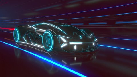 Black supercar made of blue lines driving fast on highway. Car model, detailed silhouette of sports car driving at high speed. Racing through the tunnel into the Light.