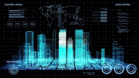 Smart world technology digital smart city 3D architecture building hologram scan UI monitor screen HUD iot internet of thing artificial intelligence, security energy power tech futuristic background