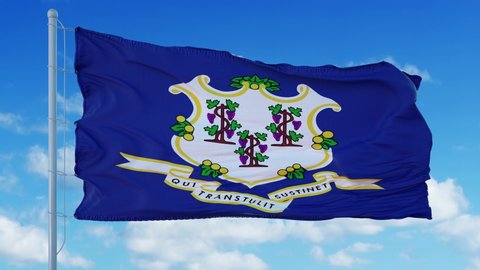 Connecticut waving in the wind, blue sky background. 4K