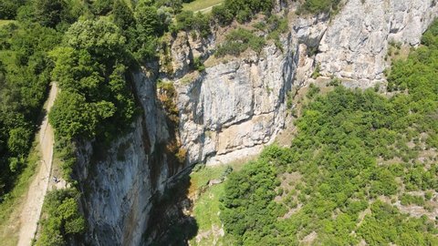 Aerial view of Skaklya Waterfall near village of Zasele, Balkan Mountains, Bulgaria
