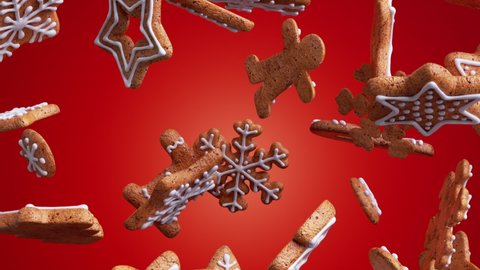 3d Christmas gingerbread cookies falling, filling the whole screen, isolated on red background. Snowflakes and stars biscuits with icing.
