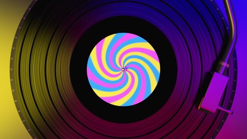 Black vinyl record spinning and play music on the dj turntable with colorful label in the center of the plate. Top view to vinyl disc with popular disco trends 60s, 70s, 80s, 90s, loop 3d animation.