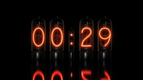 Realistic Nixie tube clock or timer. Countdown time from 60 seconds to 0. 1 minute. Retro, vintage electric time indicator. Bright glowing digital numbers. Nostalgic type. 3D render. 4K animation