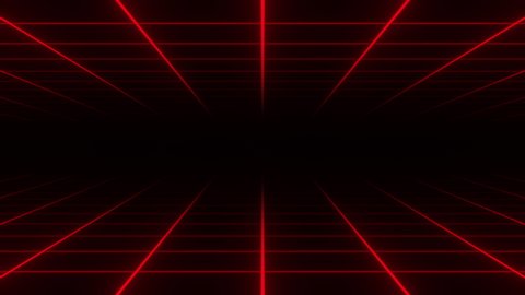 Abstract sci-fi laser grid or net motion footage. Flight through wireframe corridor, tunnel. Dynamic background. Bright glowing neon lights. Retro futurism. Red colors. Seamless loop animation in 4K