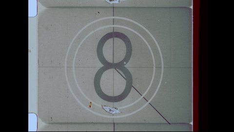 Countdown Leader, Picture Start. 4K Overscan of 16mm Film Showing Frame Lines. Countdown Clock from 8 to 2. Scratched Dirty Emulsion, Tail Leader Finish, Tail & Foot. Picture Fill,  or Slug Film
