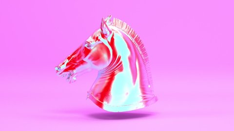 Rotating holographic stylized modern horse head sculpture seamless looping animated background, iridescent purebred stallion statue as strong and power symbol 3d render animation.