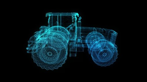 Tractor. Glow lines formation polygonal of 3d Model agrimotor. Rotating Loop seamless.