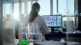 Medical Science Laboratory with Diverse Team of Professional Biotechnology Scientists Developing Drugs, Female Biochemist Working on Computer Showing Gene Therapy Interface. Back view Shot - Powered by Shutterstock - Get 15% off with code: PIKWIZARD15