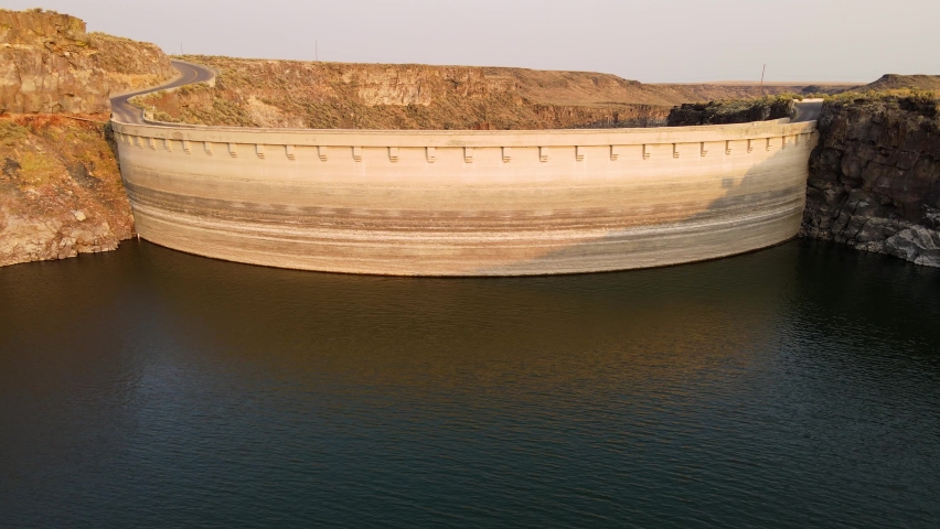 Aerial shot of the Salmon Falls Dam in Southern Idaho, a masonry arch-gravity dam built in 1910