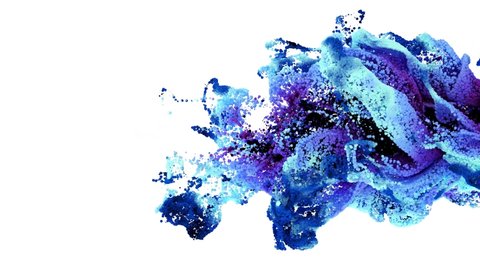 3d video loop  animation of abstract art of surreal color smoke fire splash in motion based on small metallic balls particles in blue purple and white gradient color on isolated white background