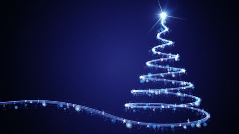 Glowing blue Christmas tree animation with light and particles. 4k