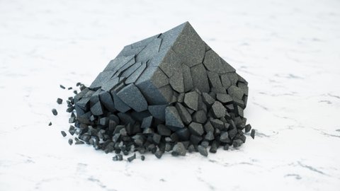 A cube of stone shatters into thousands of small pieces in slow motion. Destruction concept