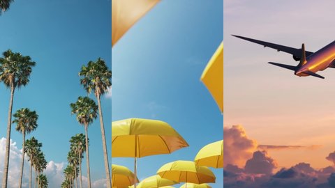 Airplane takeoff at sunrise. Yellow beach umbrellas. Instagram Story Video. 3 in 1 footage for instagram.