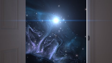 Traveling forward, passing through corridor with white door opening on a bluish cosmos starry background with nebulas, spiritual symbol of afterlife journey