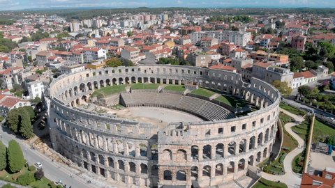 Coliseum Building or Pula Arena Croatia Amphitheatre. Historic Tourist Spot. Aerial Drone Overhead View