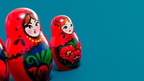 Beautiful handmade matryoshka dolls. Seamless looping animation of smaller babushka jumping out from the bigger one. Cute traditional wooden Russian toys. Souvenirs painted with colourful ornaments.

