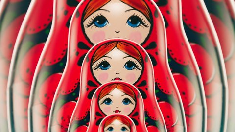 Beautiful handmade matryoshka dolls in a row grow infinitely. Front view on babushkas placed one after another. Traditional wooden Russian toys. Art souvenir painted with colourful ornaments. Looping
